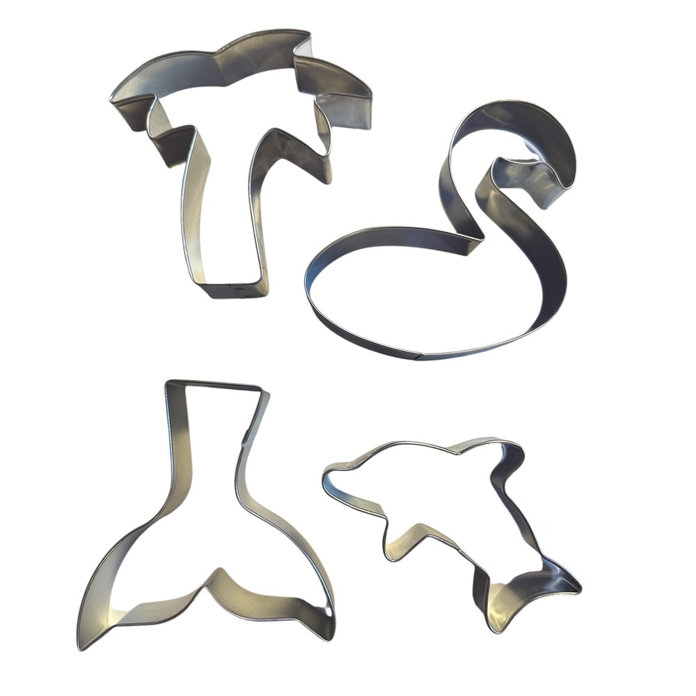 Tropical Cookie Cutters‎ Set 4pc Palm Tree Swan Dolphin Tail Metal Baking